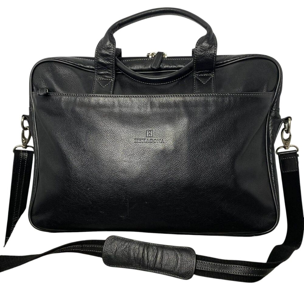 Hexagona Black Leather Briefcase Shoulder Bag Adjustable Straps